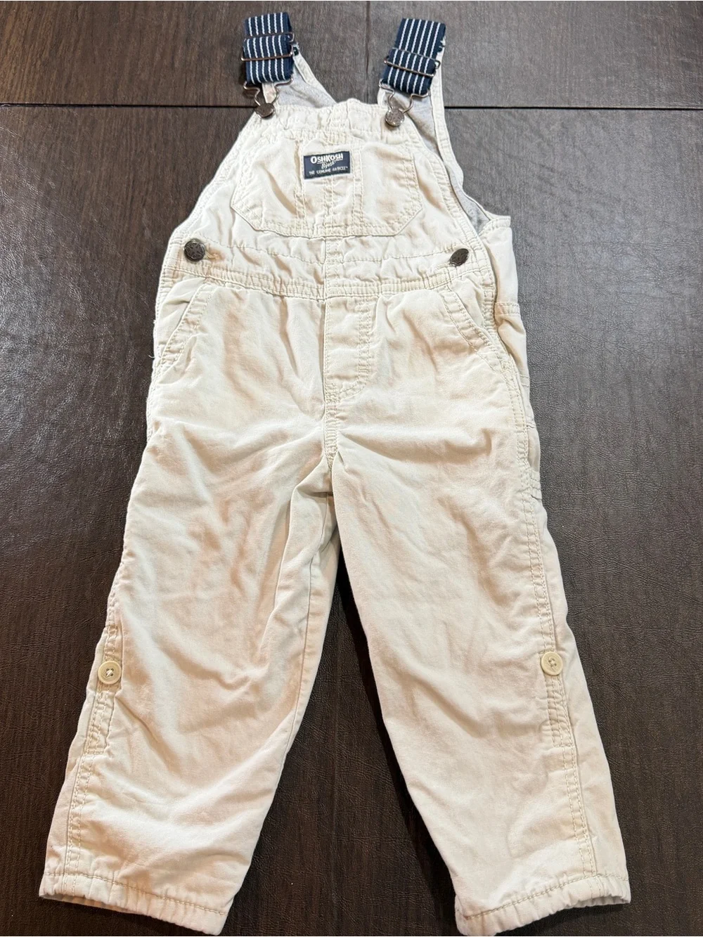 OshKosh B'gosh Vestback Cream Overalls with Navy Striped Straps Sz 2T